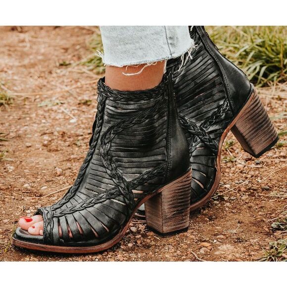 Freebird Washed Black Bela 100% Leather Cross Braided Ankle Western Boho Boots - Picture 2 of 14